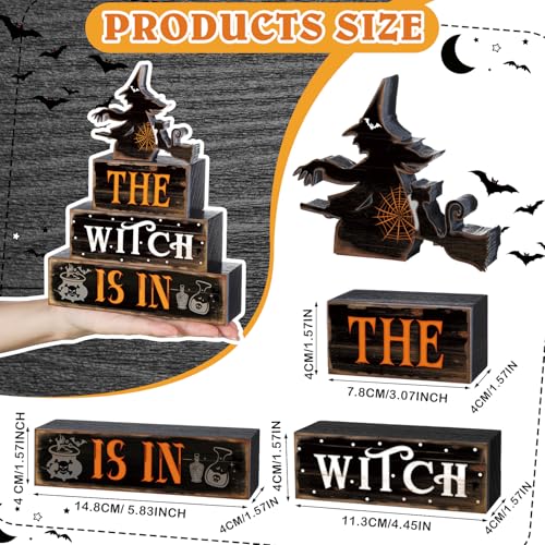 4 Pcs Halloween Witch Table Decor for Home Witch Is in Wooden Block Sign - style: Witch and Black Cat