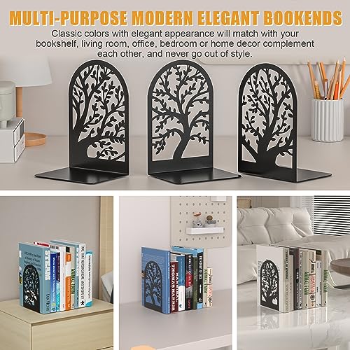 VFINE Bookend 3 Pairs, Decorative Book End, Bookends for Shelves, Desktope Book Ends, Book Stopper to Hold Books, Unique Black Metal Tree Book Holder for Home Office