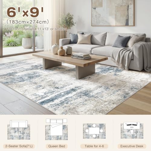 6X9 Area Rugs Washable Soft Modern Abstract Non-Slip Rug for Living Room - color: Blue/Grey, size: 6' x 9' (Rectangular)