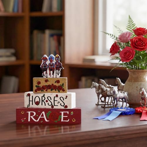 Smile Horses and Races Wooden Block Decor Jockey HORSES RACES Rose Tiered Tray Tabletop Signs for Horse Racing Party Decorations - style: Jockey
