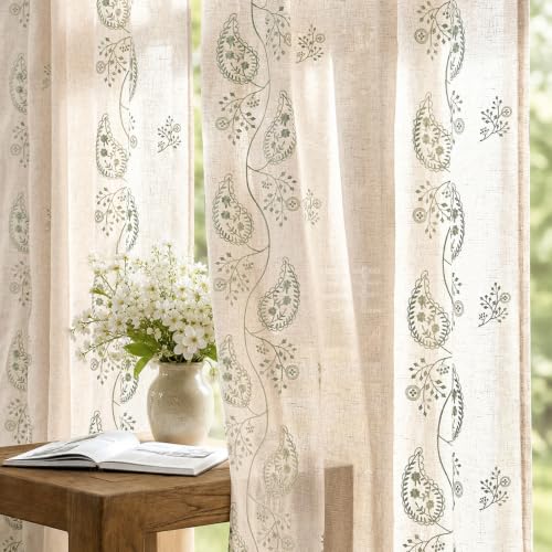 jinchan Linen Curtains 63 Inch Sage Floral Drapes Back Tab 2 Panels Set - color: Sage on Beige, size: 50"W x 63"L (Pack of 2)