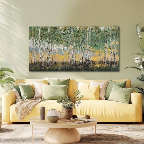 Birch Tree Forest Wall Art Green Yellow Wall Decor Living Room 24x48Inch - color: Green and Yellow, size: 48"L x 24"W