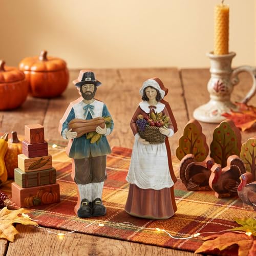 Yuntau 2 Pcs Thanksgiving Decoration Wooden Pilgrim Figurines Couple Statue - style: Wooden Pumpkins Pilgrim