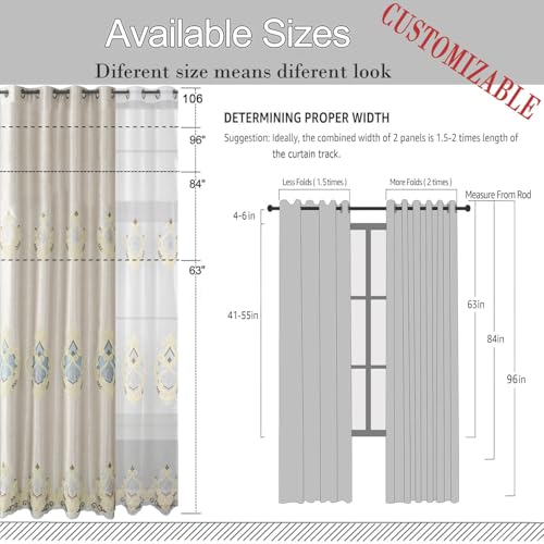 VOGOL Embroidery Curtains 63 inch Length Grommet Window Treatment Voile Panel Drape for Living Room Kichen, Two Panels, W42 x L63 inch - color: C1, size: 42"W x 63"L (Pack of 2)