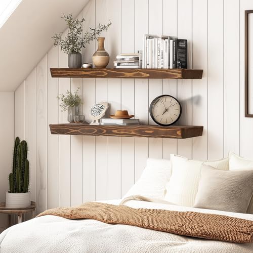 36x6.8x1.6in Slanted Solid Wood Floating Wall Shelves 2-Pack Brown - color: Brown, size: 36"-Set of 2