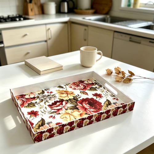 Serving Tray with Handles, 15.7 * 11.8 inches, Plastic Ottoman Tray with Exquisite Paintings, Trays for Coffee Table - color: Red Bloom
