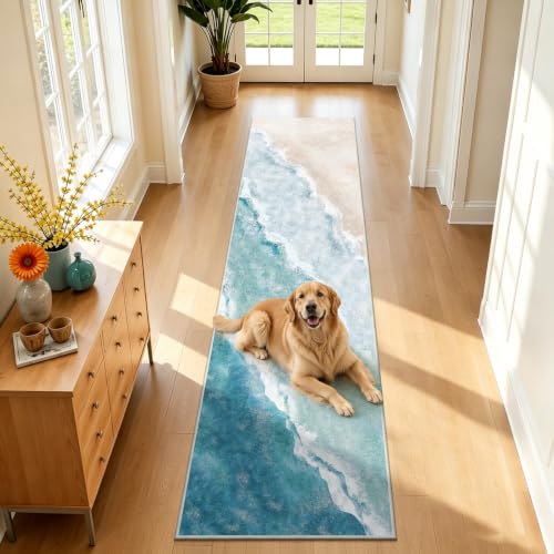 Beach Pattern 2x7ft Runner Rug Non Slip Washable Kitchen Runner Rug with Rubber Backing,Low-Pile Soft Washable Runner Rugs for Hallway Entryway Kitchen Bedroom Living Room Bathroom - color: Light Blue Beach, size: 2' x 7' (Rug)