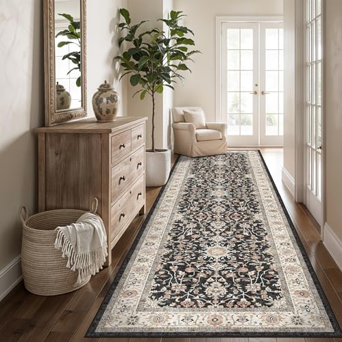 3x10 ft Long Hallway Runner Rug: Washable Non-Slip Kitchen Rug Soft Low Pile Thin Carpet for Bedroom Entry Durable Vintage Stain Resistant Floor Mat for High Traffic Area Home Decor (Black, 3x10) - color: Black, size: 3' x 10' (Rectangular)