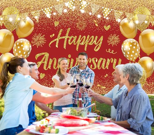 Wedding Anniversary Banner Red Gold Happy Decorations for Women Men Party, Indoor Outdoor Decor Supplies 71 * 43 Inch