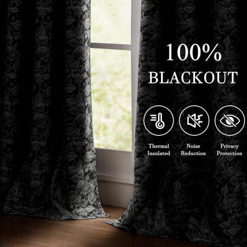ChrisDowa Floral Blackout Curtains 45 Inches Long 2 Panels for Dining Room Kitchen,White Flower Patterned on Black Room Darkening Thermal Insulated Grommet Window Treatments Drapes,52X45 - color: Leaf | Black, size: 52"W x 45"L (Pack of 2)
