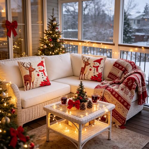 JMGBird Christmas Snowman Pillow Covers 18x18 Inch, Set of 2, White, with Pillow Inserts Included - color: Christmas Deer and Snowman, size: 18" x 18" (Pack of 2)
