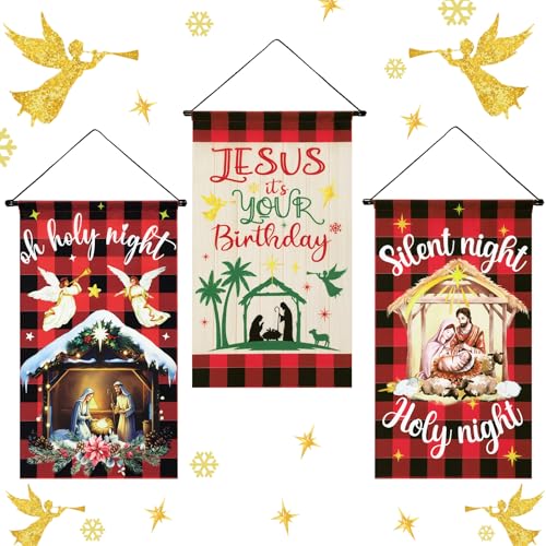 Tegeme 3 Pcs Nativity Christmas Door Sign Flag Christmas Holy Night Door Banner Jesus Nativity Flag 12 x 19 Inch Holiday Hanging Decoration for Home Outdoor - style: Xmas