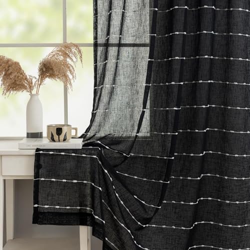 Black Sheer Curtains 72 Inch Faux Linen Boho Striped 2 Panels - color: Black, size: 52"W x 72"L (Pack of 2)