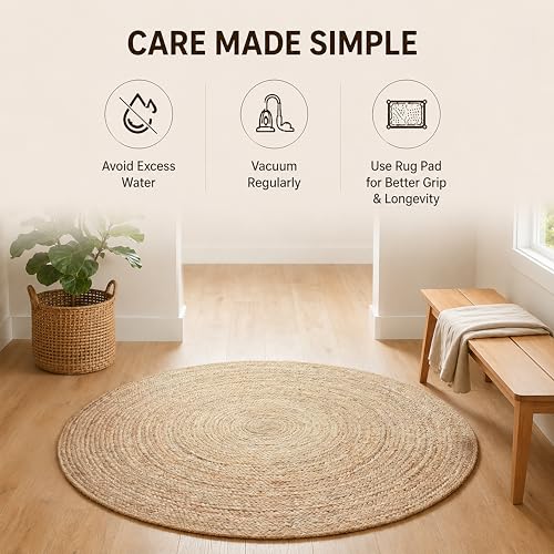 THE BEER VALLEY Jute Braided Area Rug, Natural, 4 Feet Round - color: Natural, size: 4' (Round)