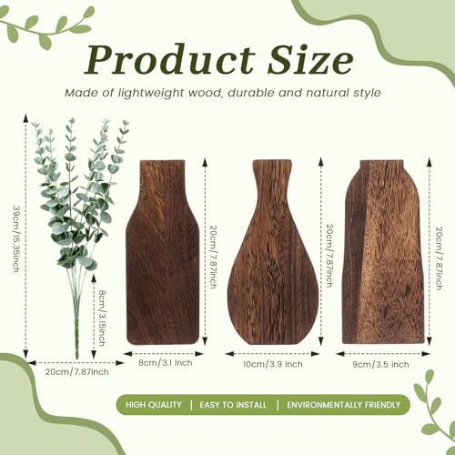 Kathfly 3pcs Wooden Wall Planter Vase with 3pcs Artificial Eucalyptus Boho Hanging Planter for Indoor Plants Wood Wall Art Decor Modern Farmhouse Entryway Bathroom Decor
