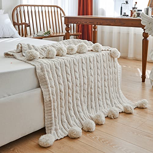 Chenille Chunky Knitted Throw Blanket with 14pcs Pom Poms Tassel Super Soft Cozy Warm Blanket for Sofa Bed Soft Couch 50 x60 inches (White)?-¡ - color: Pom-pom-white, size: Throw 50"X60"