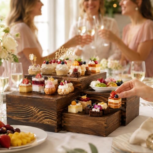 4 Pack Wooden Buffet Risers Cupcake Stand Buffet Display with Mini Signs - color: Brown, size: 4 Pcs