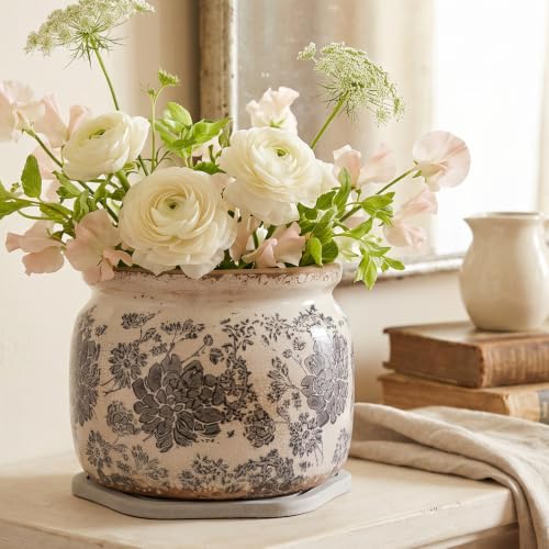Rustic Ceramic Plant Pot with Decorative Saucer, Gifts for Plant Lovers - color: Gray, size: 7.7 in - w/ Saucer
