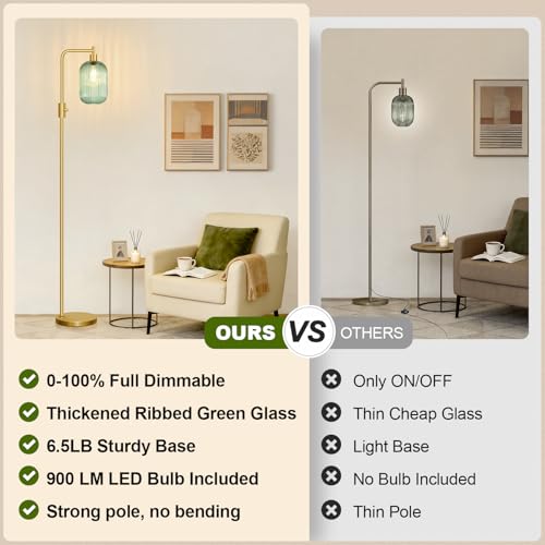 【Upgraded】 Dimmable Floor Lamp for Living Room with Green Ribbed Glass Lampshade, Gold Modern Floor Lamp with 900LM LED Bulb Included, Arc Standing Tall Lamp for Bedroom, Office, Reading Room, Corner - color: Green Glass-Ribbed-Gold