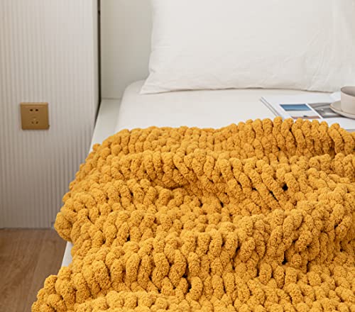 Chunky Knit Blanket Soft Chenille Yarn Knitted Throw Blanket 50"X60" Handmade Cable Warm Thick Giant Blanket for Couch Bed Trips (Turmeric Yellow, Throw 50"X60")?-¡ - color: Turmeric Yellow, size: Throw 50"X60"