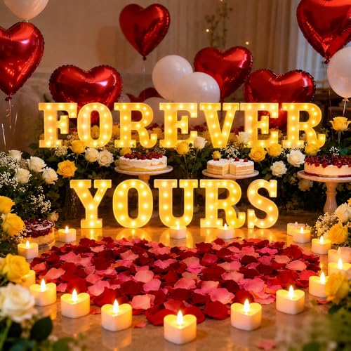Forever Yours Light up Letters, Include Tea Lights Candles, Latex Balloons, Aluminum Balloons and Rose Petals, Special Festival, Surprise Gifts for Women and Men - color: FOREVER YOURS