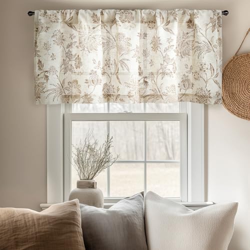 Vangao Linen Valance Curtain Farmhouse Cottage Floral Small Window Curtain Light Filtering for Kitchen Rustic Valance for Living Room Bedroom Rod Pocket 1 Panel Taupe on Beige - color: Jacobean Taupe, size: 50"W x 16"L (Pack of 1)