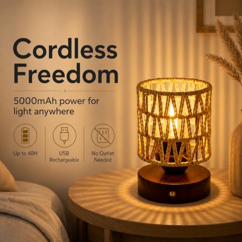 Cordless Operated Rattan Lamp, 5000mAh Rechargeable Dimmable Handwoven Open Weave Drum Table Lamp with Edison Bulb, Boho Nightstand Light for Bedroom Home Decor - color: USB Dimmable / Open Weave Drum
