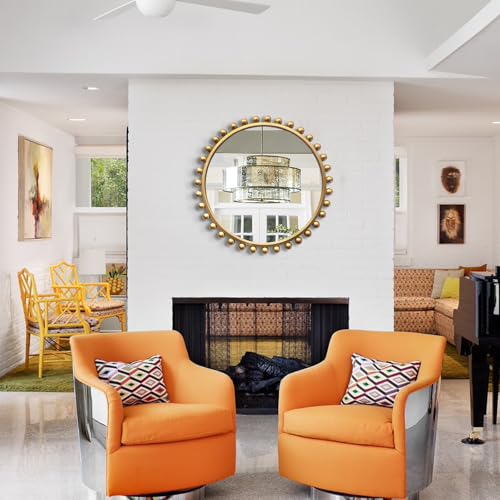 30 inch Gold Round Mirror, Antique Decorative Wall Mirror with Ornate Beaded Frame, Large Circle Vanity Mirror for Bathroom, Living Room, Bedroom, and Entryway