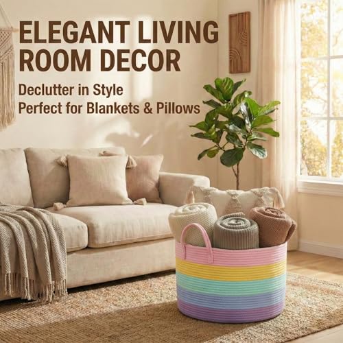 JMvicyroam 65L Extra Large Machine Washable Cotton Rope Blanket Basket - color: Rainbow, size: 65L