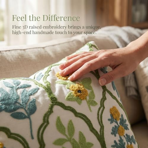 Blue Green Floral Embroidered Throw Pillow Covers 18x18 Set of 2 - color: Green Blue Yellow, size: 18" x 18" (Pack of 2)