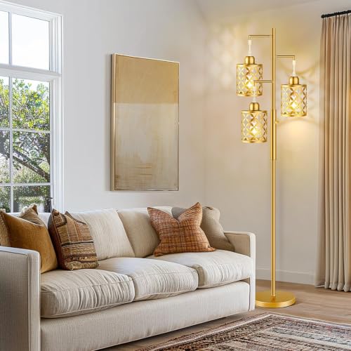 68" Modern Tree Floor Lamp, Dimmable Industrial Tall Standing Lamp with Metal Cages & Rotary Dimmer Knob, Corner Decor Lighting for Living Room Bedroom Cafe, 3 x 800LM Bulbs Included - Gold - color: Gold (800LM), size: 68"