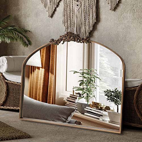 OUSHUAI Gold Arched Mirror,Baroque Brass Fireplace Mirror Decor, Victorian Vintage Mirrors with Full Matel Frame,Ornate Mirrors for Entryway/Bathroom/Living Room/Hallway 36"X30" - color: Retro Gold, size: 30"L x 36"W