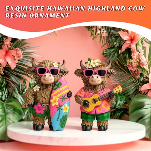 2 Pcs Highland Cow Figurines, Summer Beach Hawaii Decor - style: Hawaii