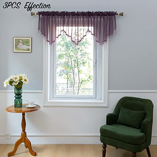 Beaded Sheer Valance Curtains for Living Room,Rod Pocket Farmhouse Window Valance, Bead Trim Tassel Voile Sheer Curtain Valance for Bedroom Bathroom Cafe 51x24 Inches (Dark Purple) 1PC - color: Dark Purple