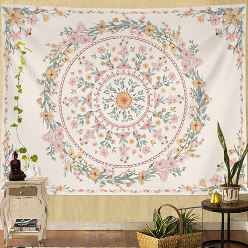 Neasow Bohemian Tapestry Wall Hanging, Beige Pink Floral Tapestry with Wild Flower Medallion Print Bedroom Boho Home Decor, White Wreath 36×48 inch - color: WhiteWreath, size: 48"L x 36"W