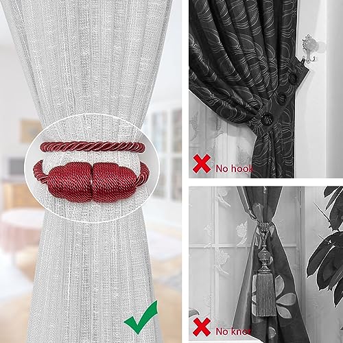 NICEEC 2 Pack Strong Magnetic Curtain Tiebacks Handmade Weave Side Rope Curtain Holdbacks Unique & Elegant Decorative Curtain Drape Tie Backs for Home & Office & Outdoor Window Drapery (Red) - color: Red, size: 2 Pack