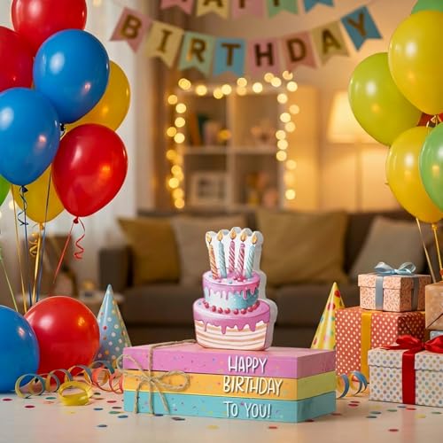 Smile Birthday 나무 장식, 미니 인조 책 번들, 나무 사인 블록 다채로운 생일 축하 계층형 트레이 센터피스, 홈 오피스 농가 책상 선반 벽난로 파티 장식용 소박한 테이블 탑 - style: 생일 케이크