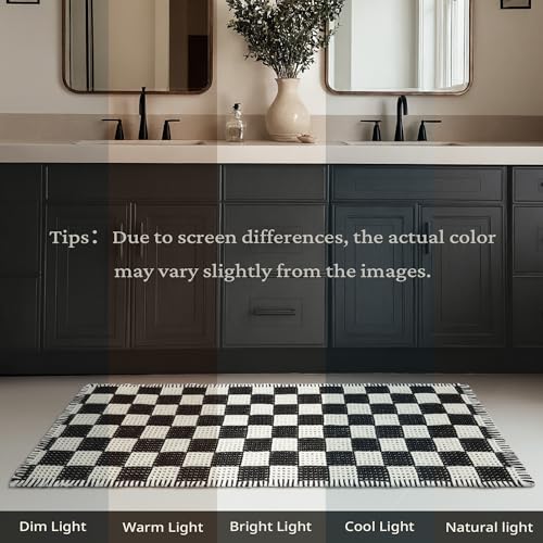 MatEssenz 2 Piece Waffle Bathroom Rugs Checkered Bath Mat Set (17"x24" & 18"x30"), Black and White Weave Bathroom Rugs with Tassels, Non-Slip Quick Dry Shower Mats, Machine Washable Skin-Friendly - color: Lattice Style, size: 17" x 24" + 18" x 30"