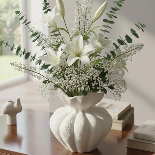 White Ceramic Vase, 8.2 Inch Modern Boho White Flower Vase for Home Decor, Unique Vase for Farmhouse Living Room Cabinet Table Centerpieces Wedding Decorations - size: Large