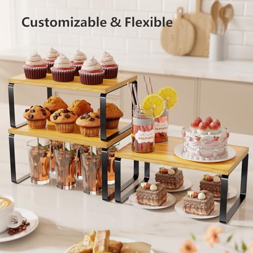Simple Trending Bamboo Cabinet Organizer Shelf, Set of 3 Kitchen Counter Shelves, Stackable Expandable Spice Rack Kitchen Storage, Black and Natural - size: Set of 3 Shelves