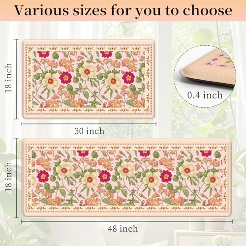 2 PCS Vintage Floral Kitchen Mats, Anti-Fatigue Floor Rugs, Pink - color: Pink, size: 18''x30''+18"x48"