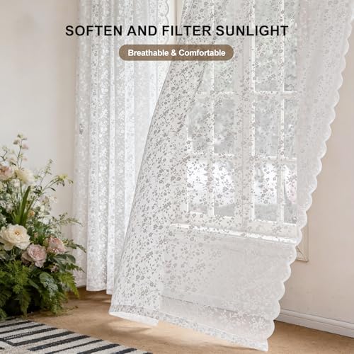 Anmao Vintage Lace Sheer Curtains 54 Inches Long - Romantic Floral Semi-Sheer Voile Panels for Living Room & Bedroom, Rod Pocket Light Filtering Drapes, Set of 2 Panels (55" W x 54" L), White - color: White Blossom, size: 55"W x 54"L (Pack of 2)