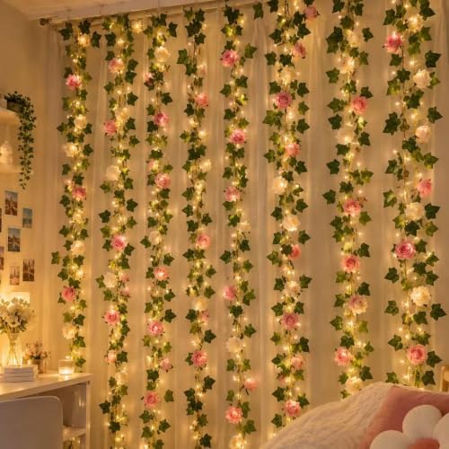 JMEXSUSS Vine Lights Flower for Bedroom, 200 LED Vines Roses with Fairy Lights - color: Ivy&Flower, size: 6.5x6.5ft - 200 LED