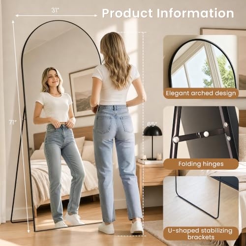 71" x 31"Arched Floor Full Length Mirror with Stand(Black) - color: Black, size: 71"L x 31"W
