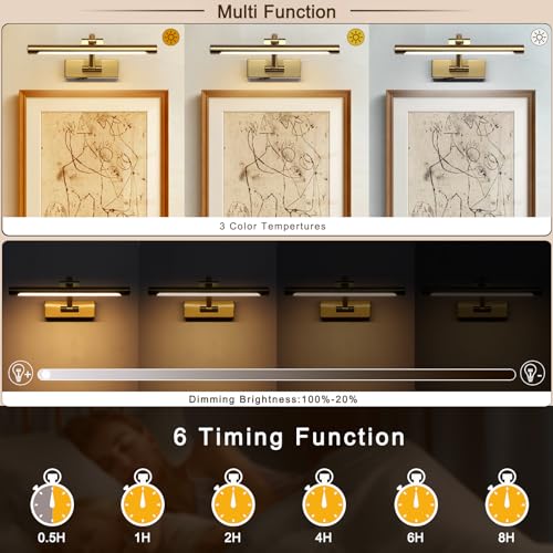 12.6 inch LED Wireless Picture Lights for Wall Rechargeable, Battery Operated Art Light for Paintings, 3CCT Dimmable, Brass Finish with Remote, Rotatable Gallery Light for Pictures Display - color: Battery Operated Brass, size: 12.6 Inch