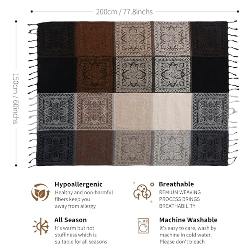 Boho Throw Blanket, Chenille Jacquard Tassels Throw Blankets for Bed Couch Soft Chair, Bohemian Fringe Tassels (Black, Large 86 * 102Inches) - color: Mocha Noir, size: 87" x 102"