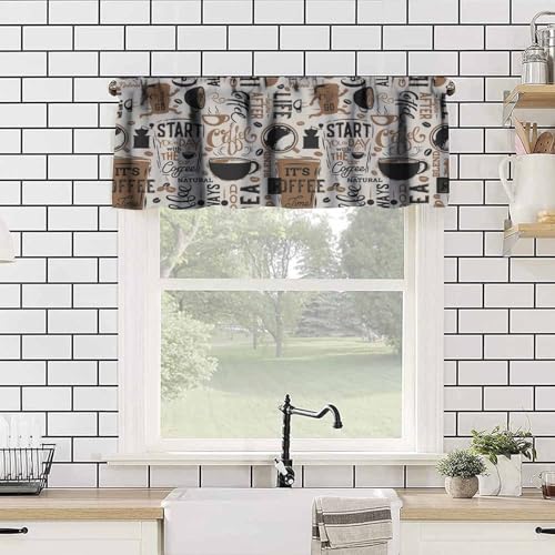 Coffee Valance Curtains, Fun Running Cup Coffee Beans Beige Retro Window Treatment Valance for Kitchen Dinning Room Living Room Cafe, 54x18 Inch - color: Coffee-1, size: 53"W x 18"L (Pack of 1)