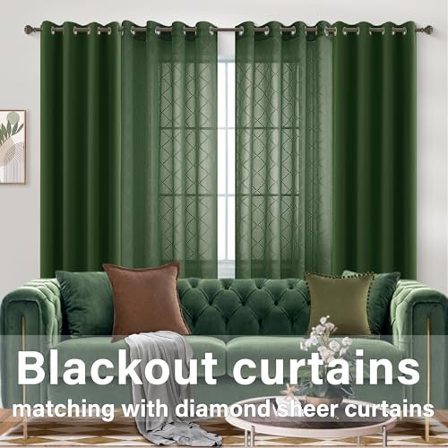 KOUFALL Olive Green Curtains with Diamond Plaid, Sheer Dark Moody Curtains for Bedroom Living Room, Wide 52 x 63 Inch Length, 2 Panels Set - color: Olive Green, size: 52"W x 63"L (Pack of 2)