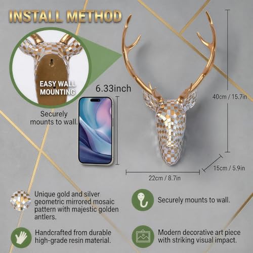 GIGICICI Mosaic Deer Head Wall Decor 15.7x8.7 Inch, Artistic Faux Resin Animal Head Wall Sculpture Hanging for Living Room Bedroom Kitchen Office, Gold-Silver Gift - color: Deer-Gold Silver