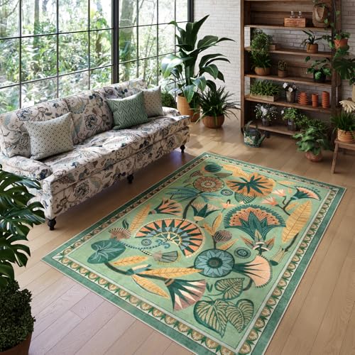 Zealude 5x7 Floral Rug, Green Rug for Living Room, Washable Low Pile Bedroom Rugs, Non Slip Throw Rugs with Rubber Backing, Soft Carpet for Dining Room Home Office Playroom - color: Sage Green, size: 5' x 7'(Rectangular)